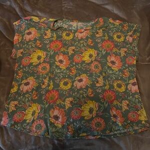 Lane Bryant Floral Short Sleeve Tee — Green with Yellow & Pink Blossoms